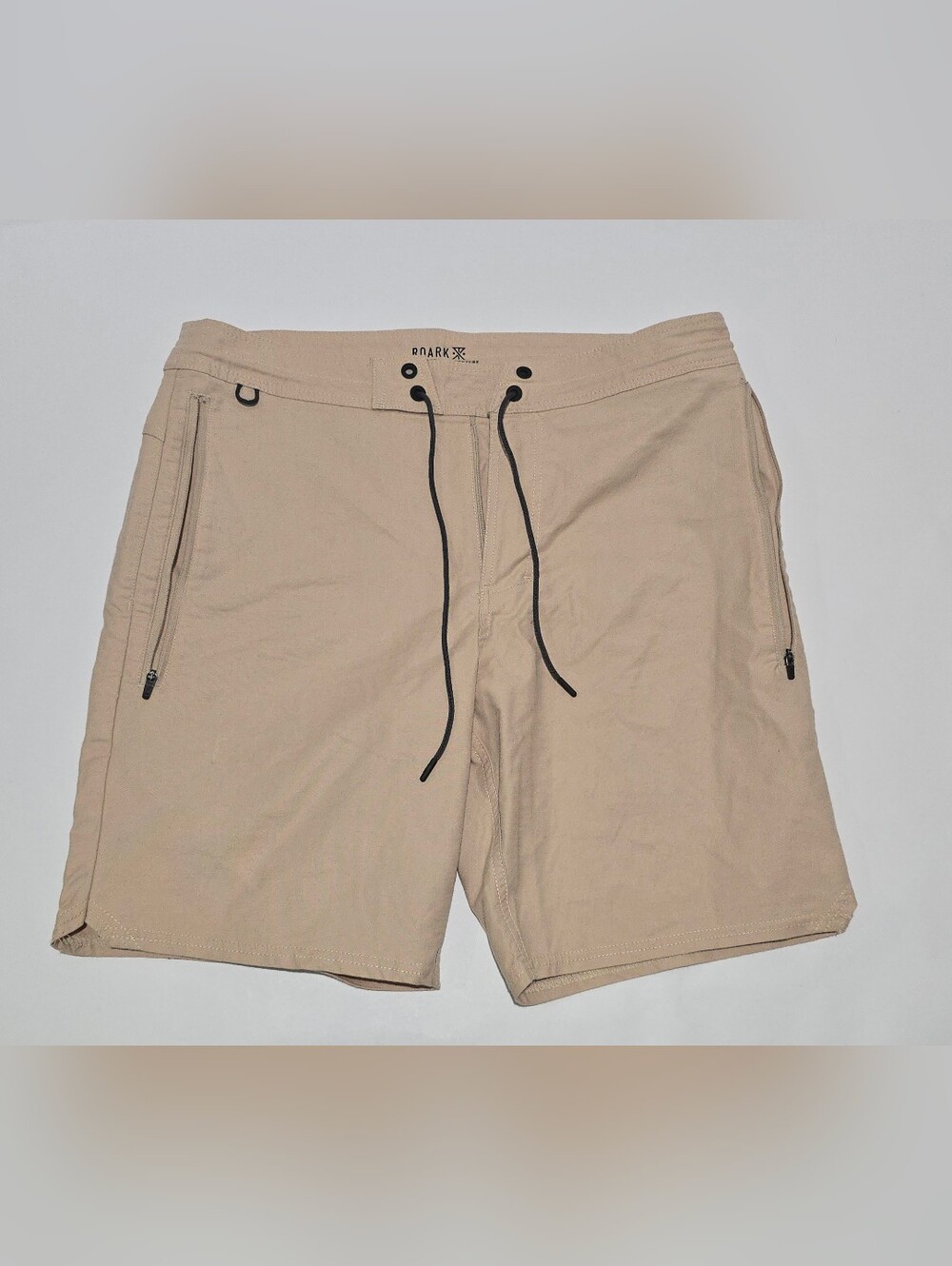 Roark Revival Men's Hybrid Board Shorts Size 31 Khaki Tan Zip Pockets Drawstring